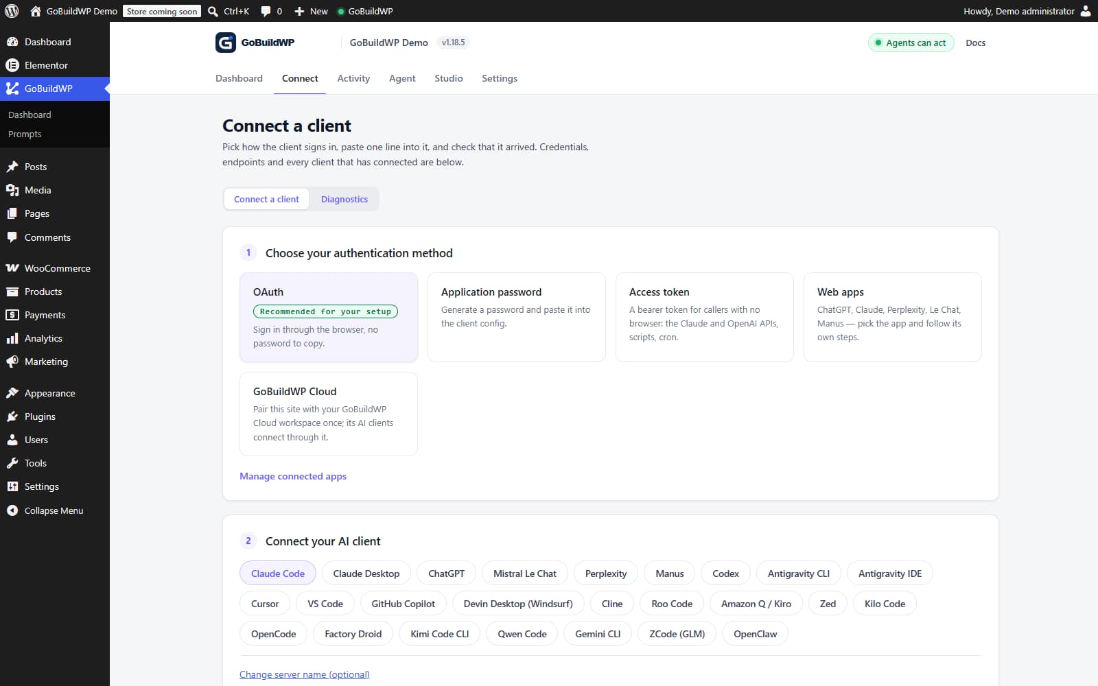 GoBuildWP Connect screen showing OAuth, application password, access token, Web apps and GoBuildWP Cloud connection methods