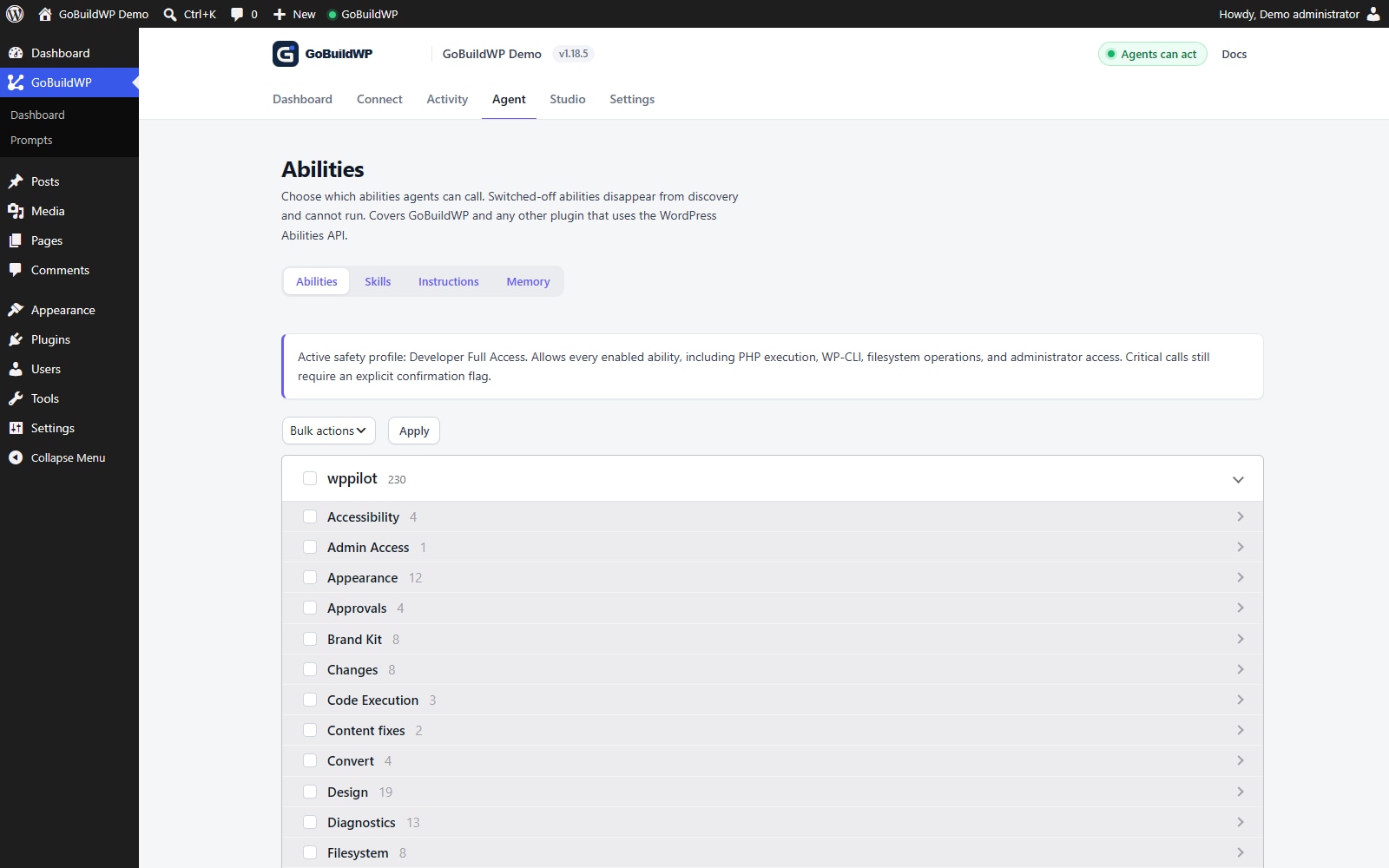 The actual GoBuildWP ability catalogue in WordPress.