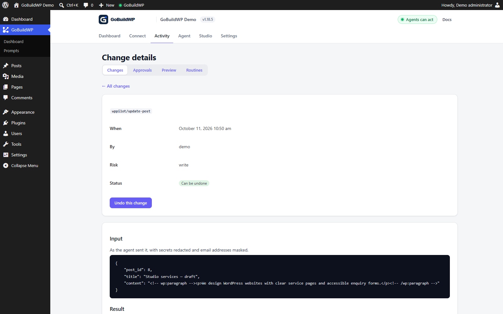 GoBuildWP change details showing the input and result of a WordPress draft-page edit.