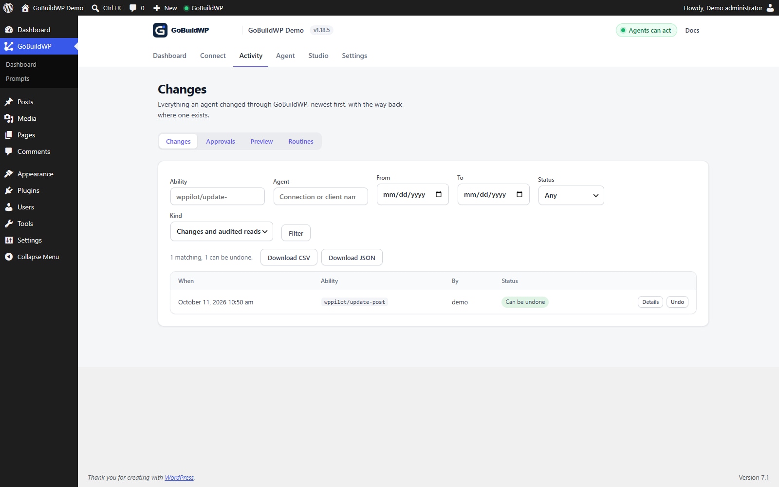 GoBuildWP Changes screen with filters, recent Cursor and Claude Code sessions, and review and undo controls.