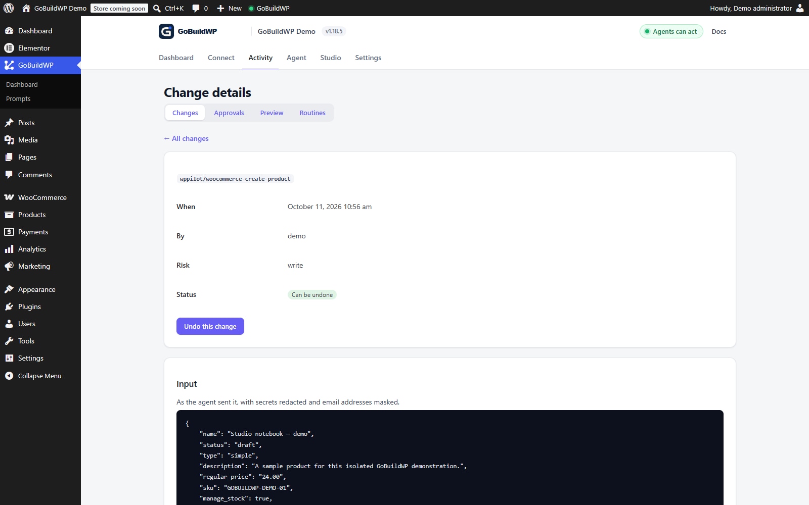 GoBuildWP change record for a WooCommerce draft product created with price and stock fields.