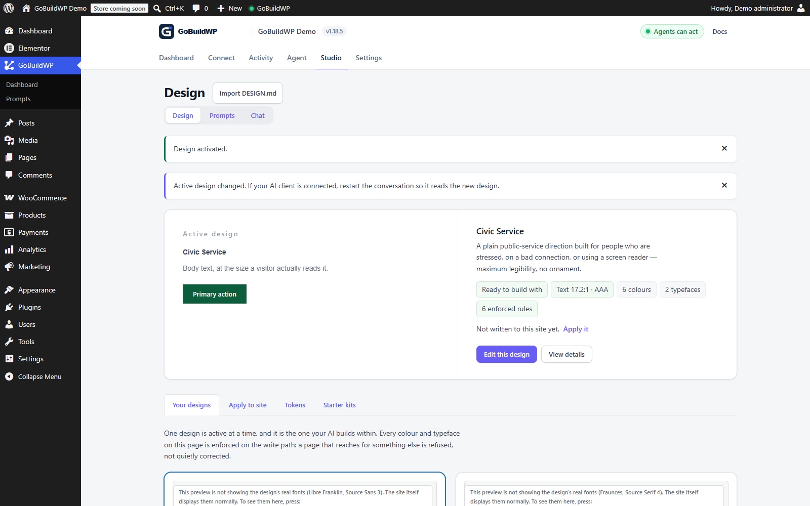 A saved design in the actual GoBuildWP Design screen.