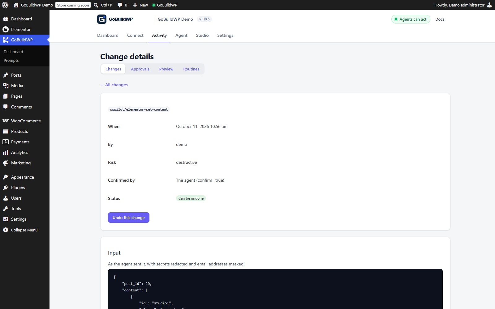GoBuildWP change details for a successful Elementor set-content operation on a draft page.