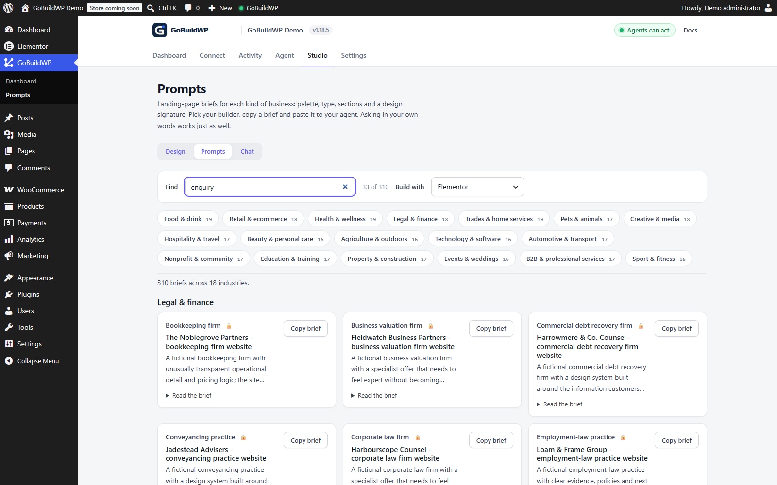 GoBuildWP's prompt library filtered to enquiry-page briefs.