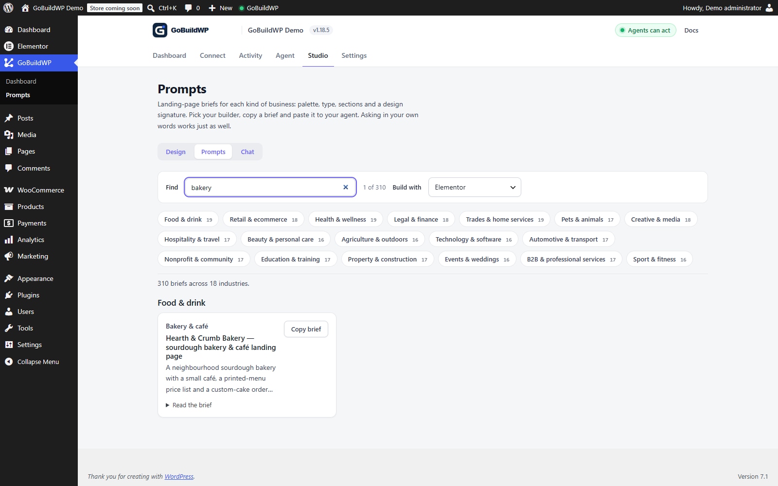 GoBuildWP's real prompt-library search showing a bakery brief.