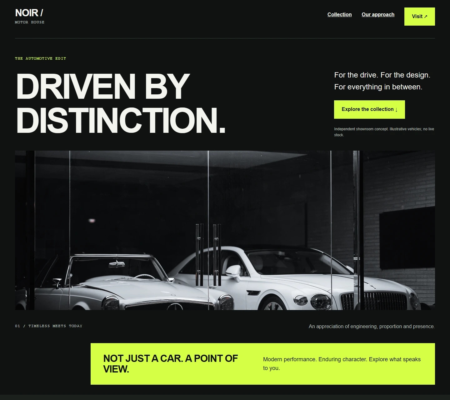 Actual native Elementor showroom draft: NOIR Motor House header, oversized heading, real car photograph and lime statement panel
